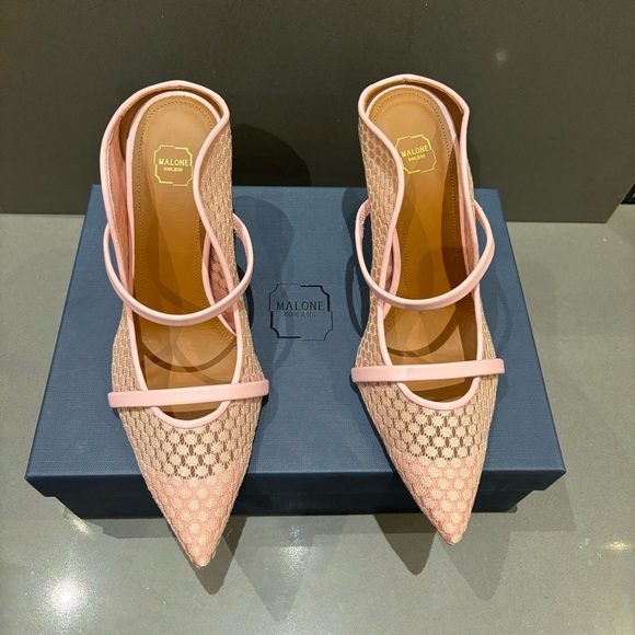Malone Souliers Maureen 85mm Light Pink Lace Mules - Picture 1 of 5